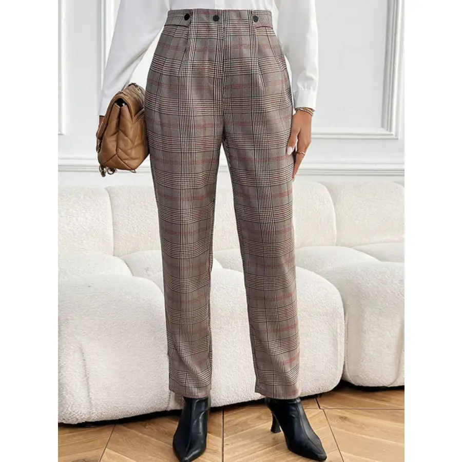 Perfee Plaid Straight Pants with Pockets