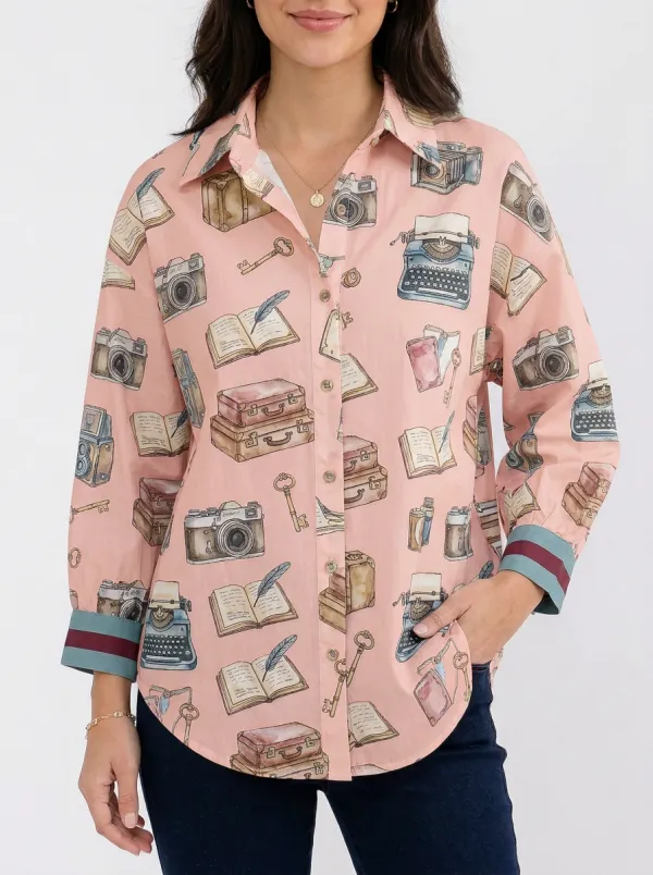 Women's Vintage Traveler Writer Theme Camera Book Graphic Shirt