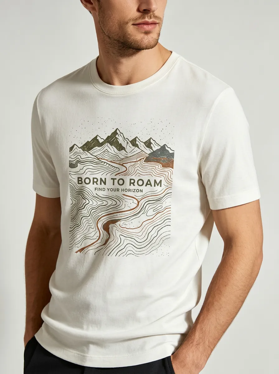 Men's Outdoor Adventure Born To Roam Mountain Topographic Printed T-shirt