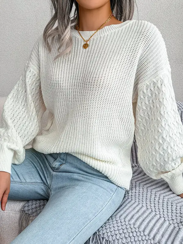 Cable Knit Round Neck Long Sleeve Relaxed Fit Sweater