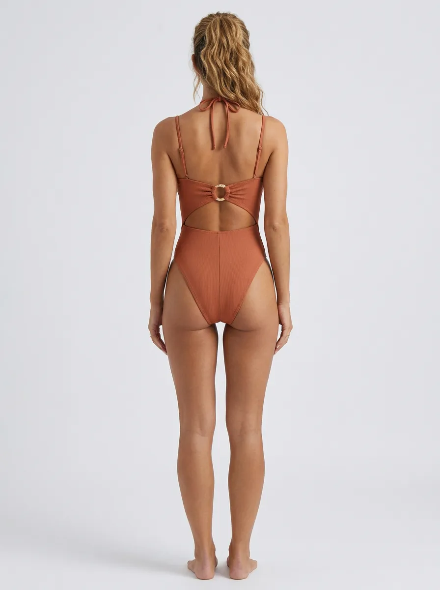 Women's Ribbed Cutout Gold Ring Halter One-Piece Swimsuit