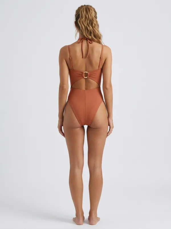 Women's Ribbed Cutout Gold Ring Halter One-Piece Swimsuit