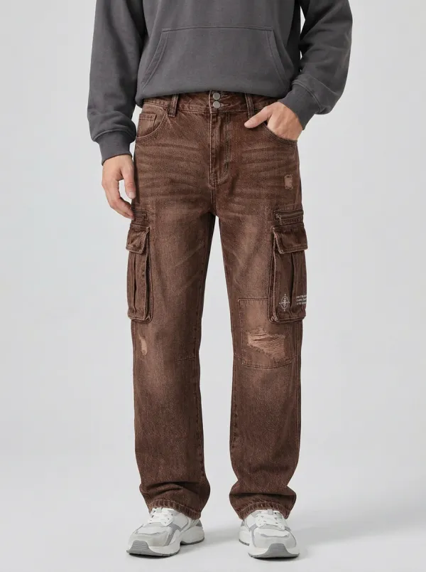 Men's Ridge Distressed Denim Multi-Pocket Cargo Jeans