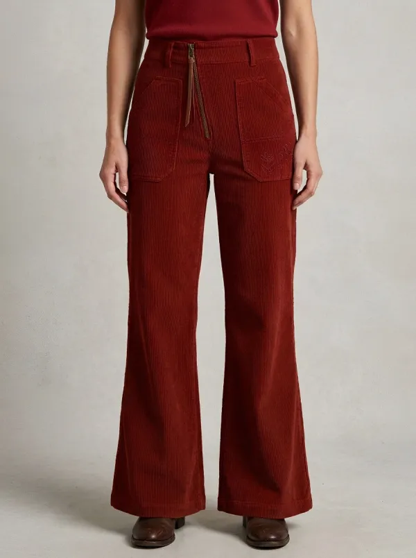 Women's Pocket Embroidered Floral Wide-Leg Corduroy Pants