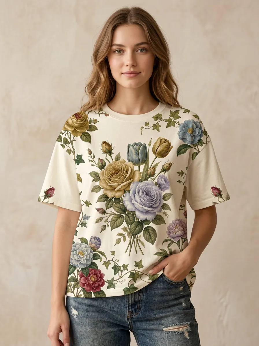 Women's Botanical Garden Rose Tulip Printed T-shirt