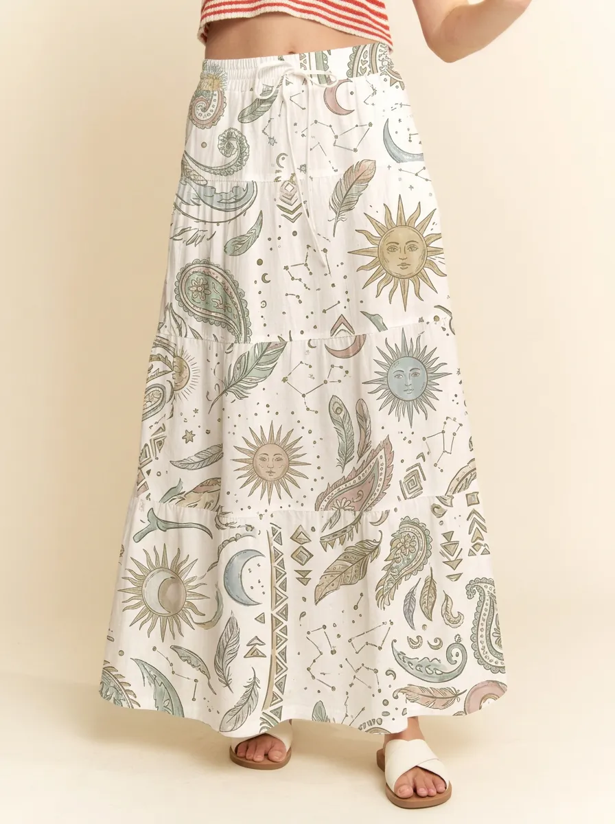 Women's Celestial Boho Sun Moon Feather Paisley Graphic Maxi Skirt