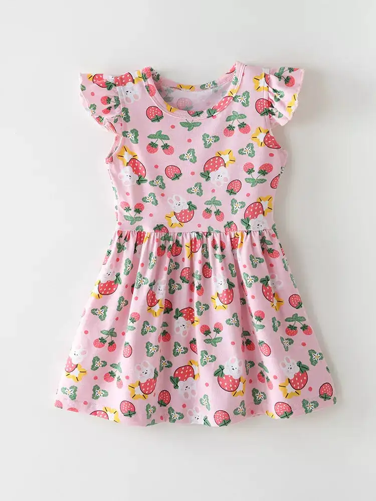 Girls Strawberry Print Ruffle Sleeve Dress