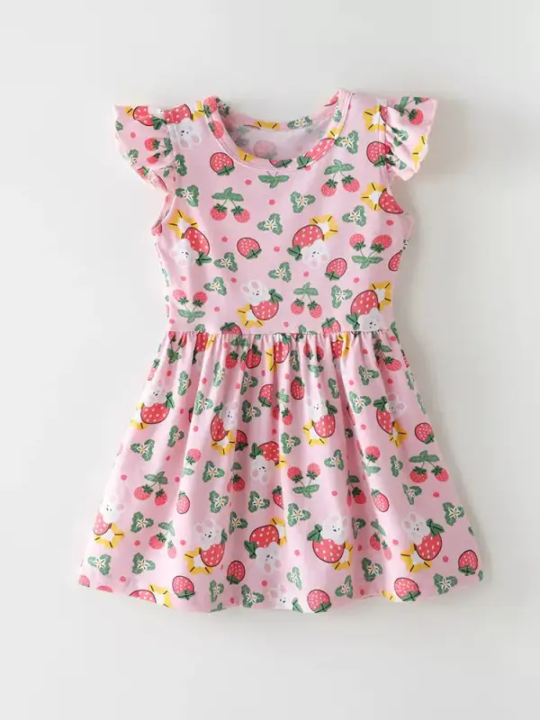 Girls Strawberry Print Ruffle Sleeve Dress