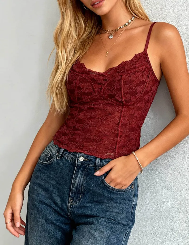Velvet Lace V Neck Spaghetti Strap Cami Top