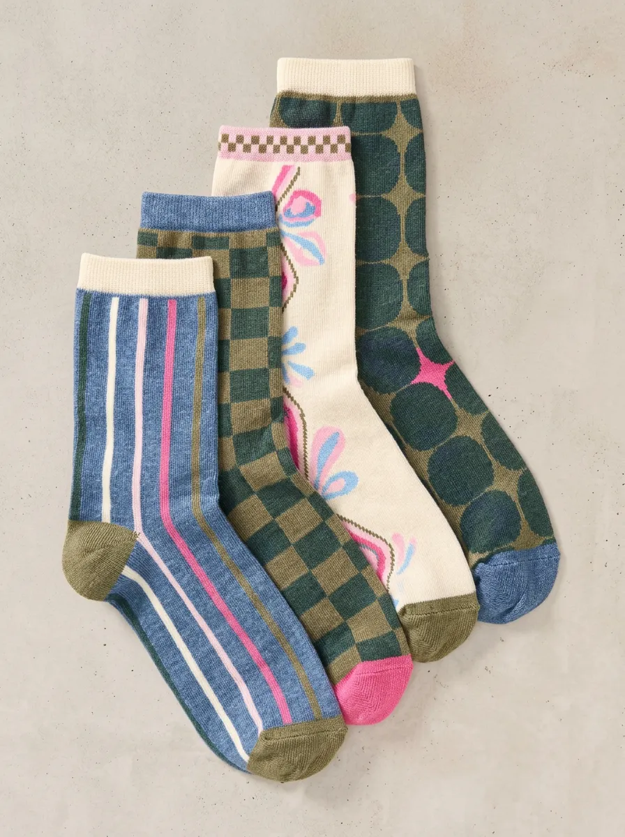 Everyday Striped Floral Collection Men's Four Pair Socks