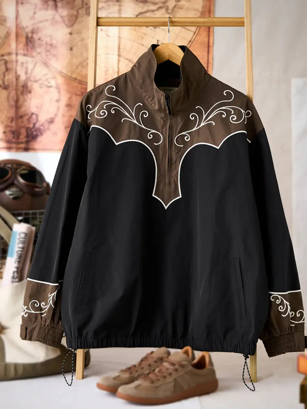 Chain Embroidery Half-Zip Pullover Sweatshirt