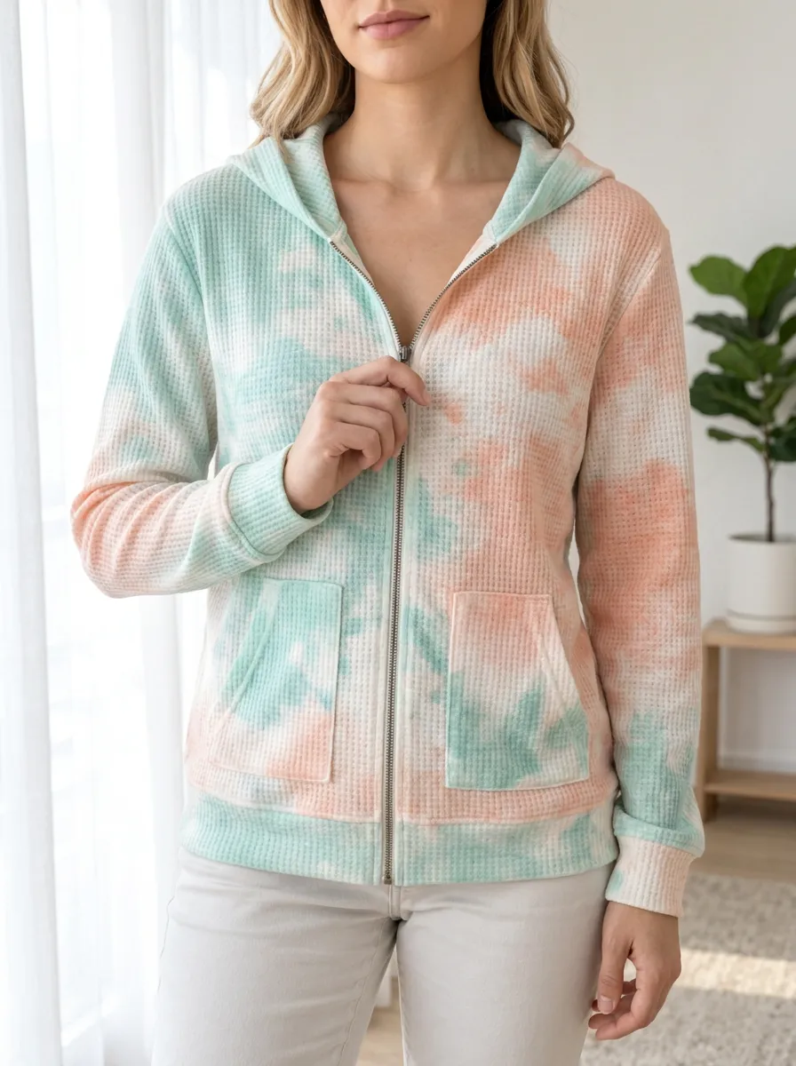 Women's Pastel Tie-Dye Signature Graphic Waffle Zip-Up Hoodie