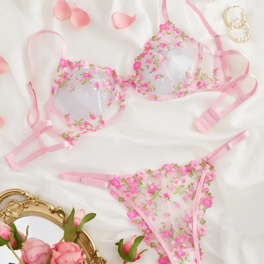 Classic Floral Embroidered Sheer Lingerie Set