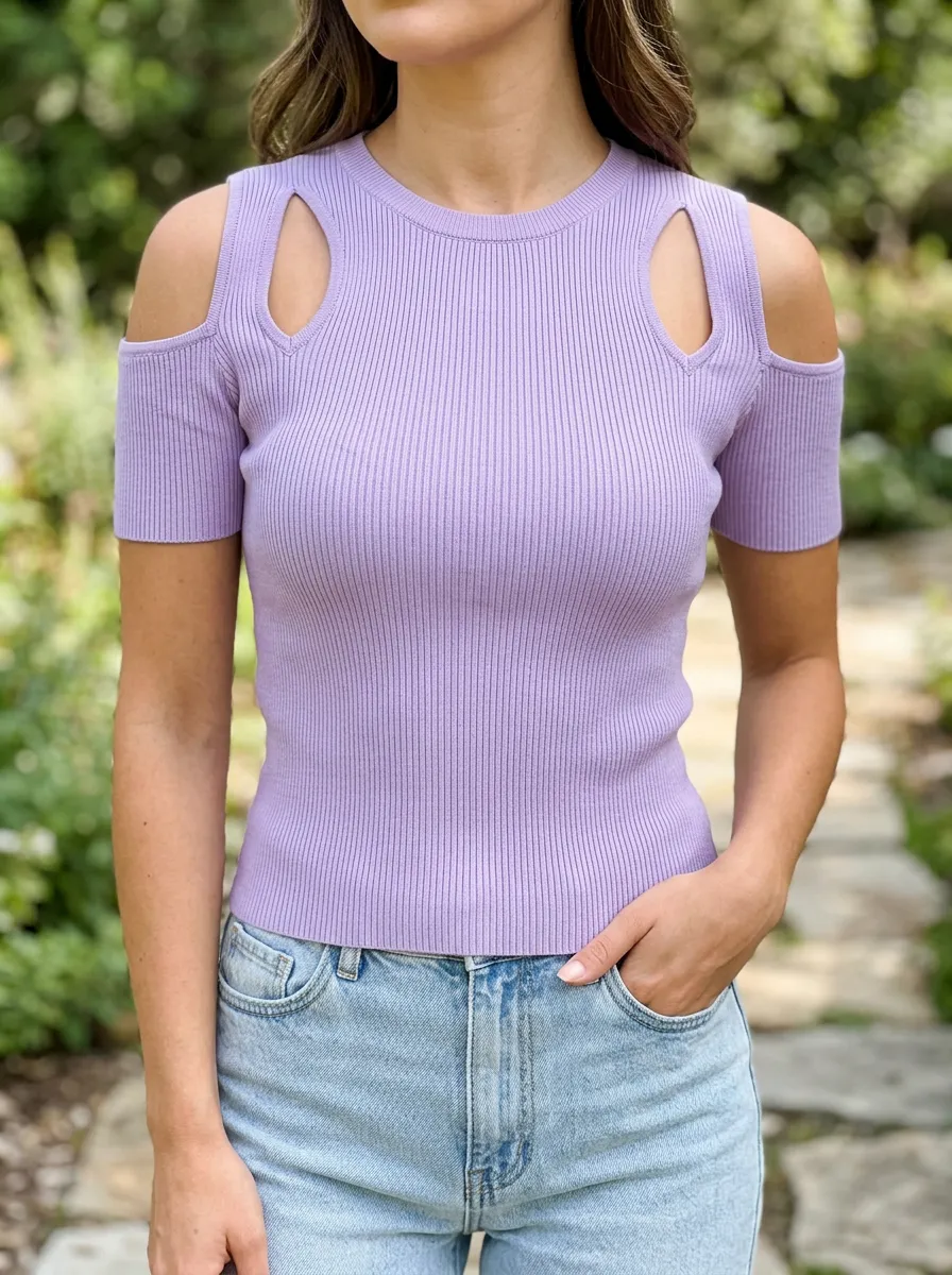 Women's Lavender Ribbed Cold Shoulder Short Sleeve Top