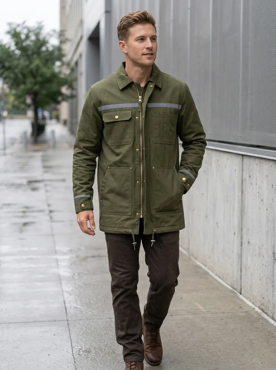 Men's Olive Green Reflective Strip Utility Waterproof Jacket