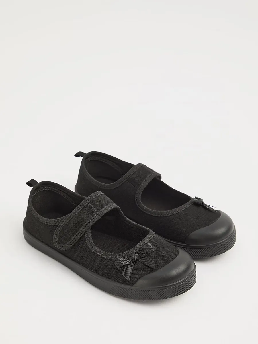 Wide Fit Black Bow Front Strap Plimsolls