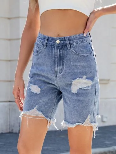 Distressed Raw Hem Shorts Detail Denim Pants