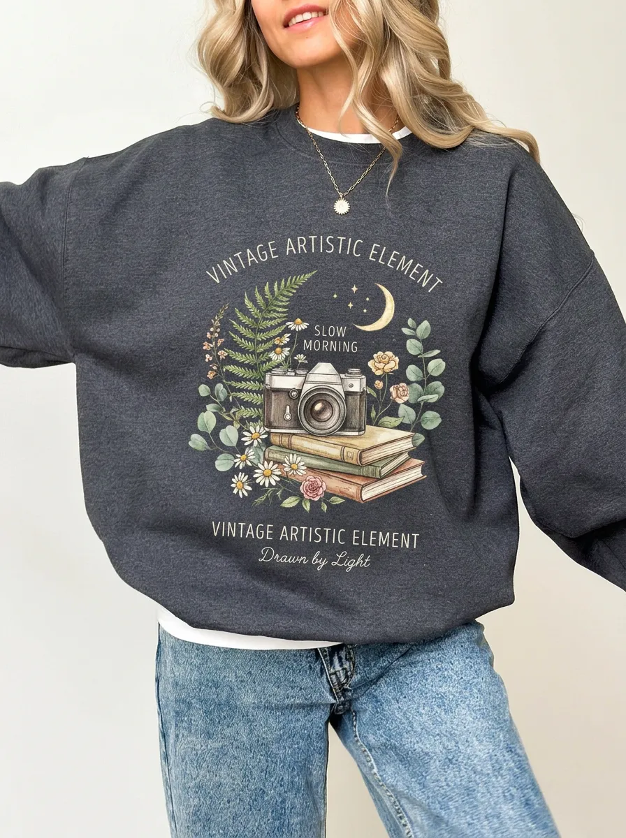 Women's Dark Grey Photography Book Floral Crewneck Sweatshirt