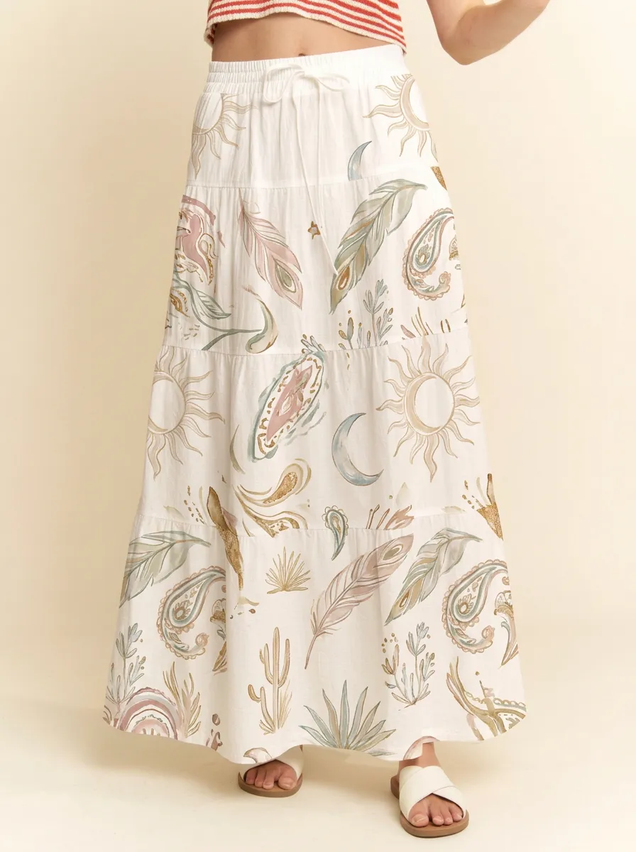 Women's Celestial Boho Feather Paisley Graphic Maxi Skirt