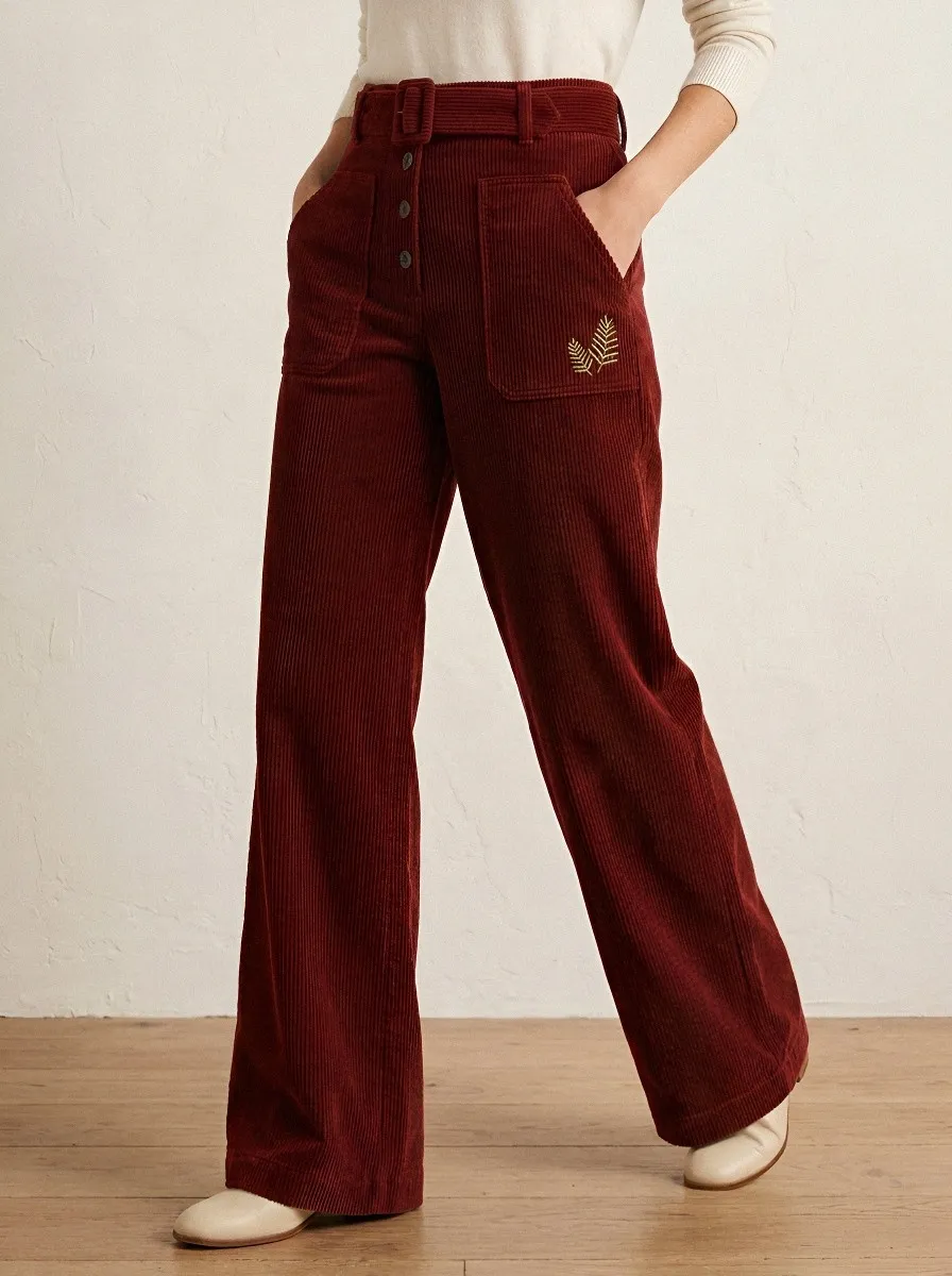 Women's Nature Lover Fern Leaf Embroidered Corduroy Pants