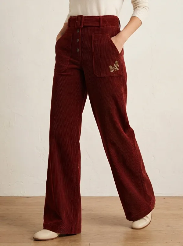 Women's Nature Lover Fern Leaf Embroidered Corduroy Pants