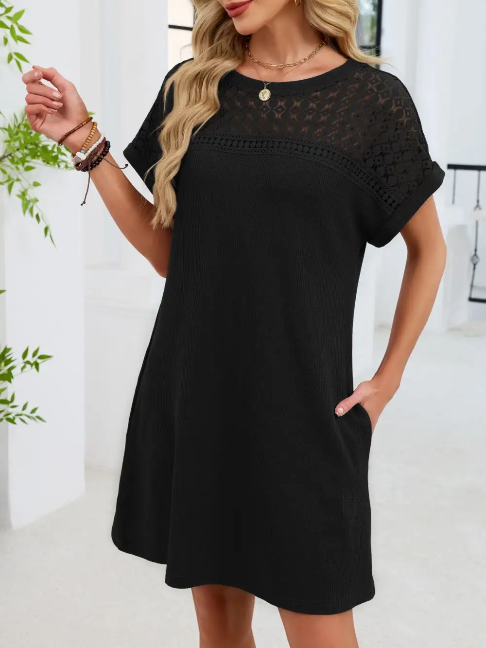 Lace Round Neck Short Sleeve Shirt Dress