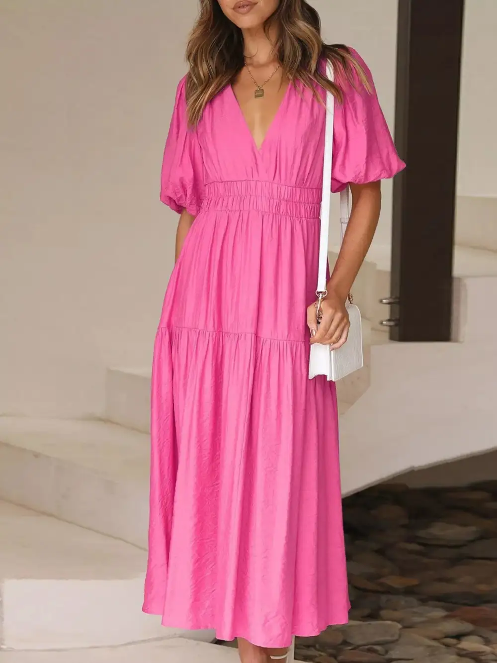 Everyday V-neck Puff Sleeve Midi Dress