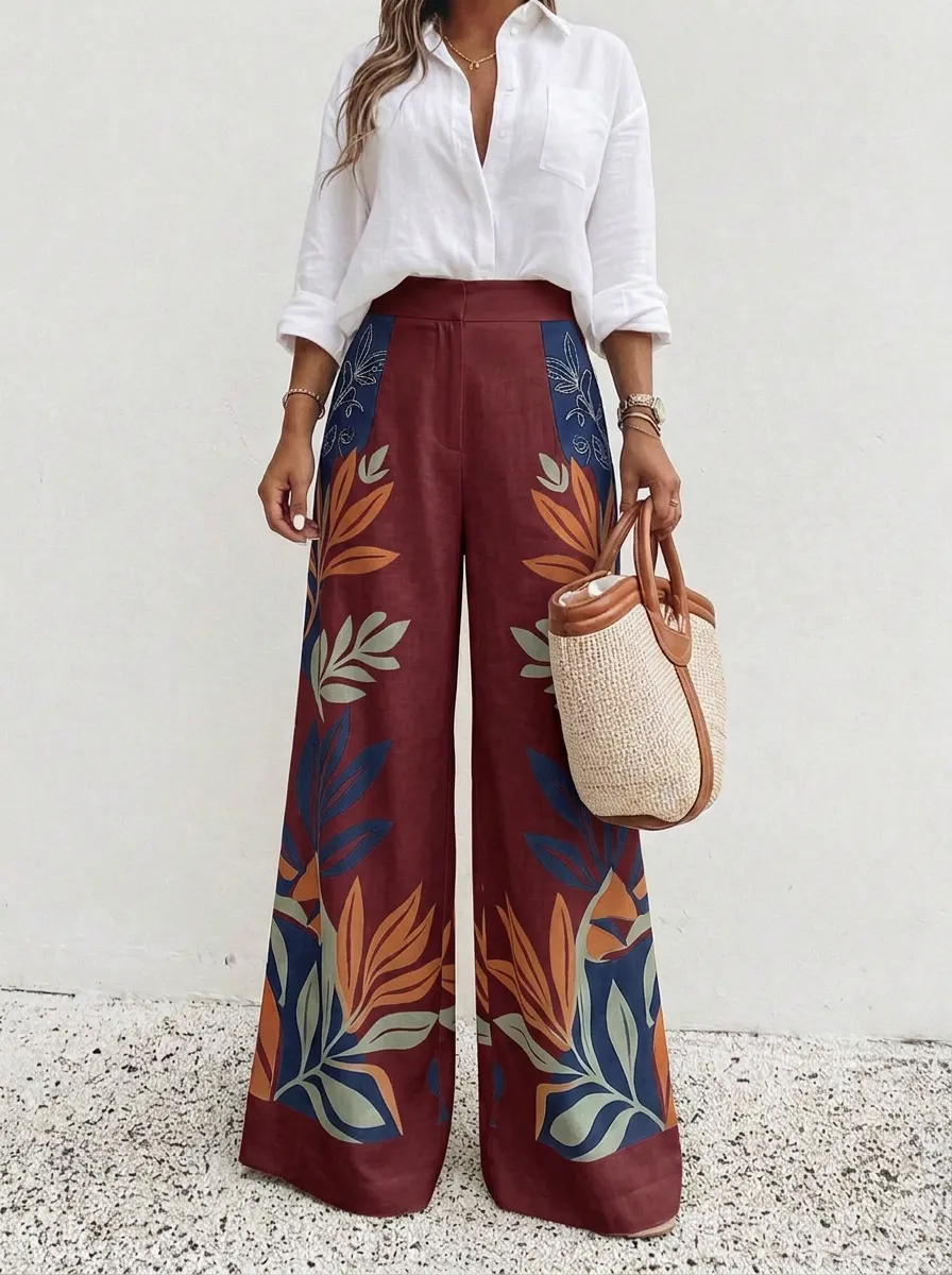 Women's Cream Botanical Print Navy High-Waisted Wide-Leg Trousers