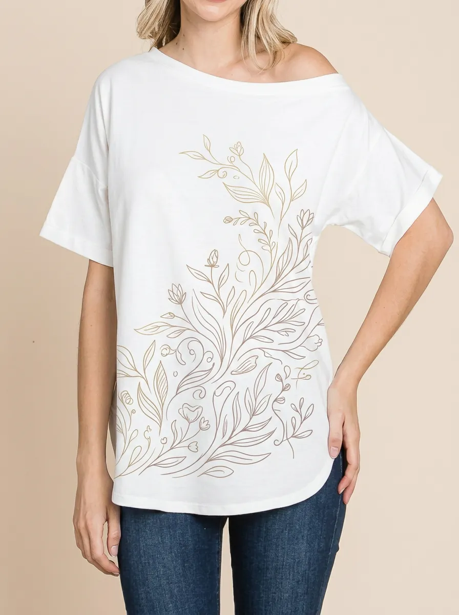 Women's Botanical Floral Line Art Printed T-shirt