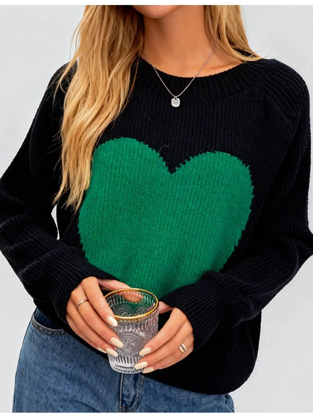 Valentine Heart Color Block Round Neck Sweater
