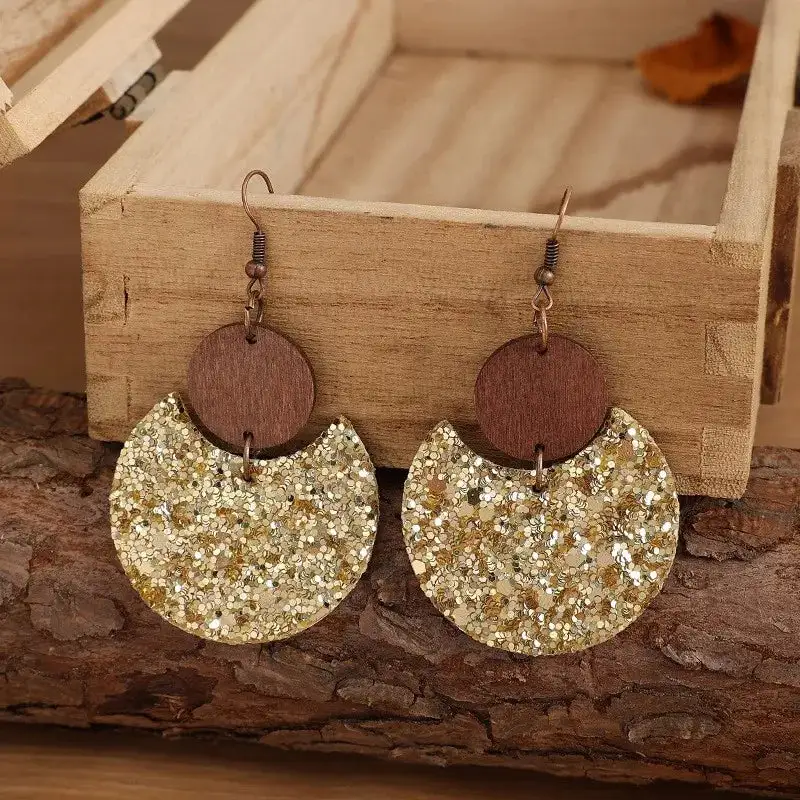 Wooden Circle Sparkling Statement Earrings