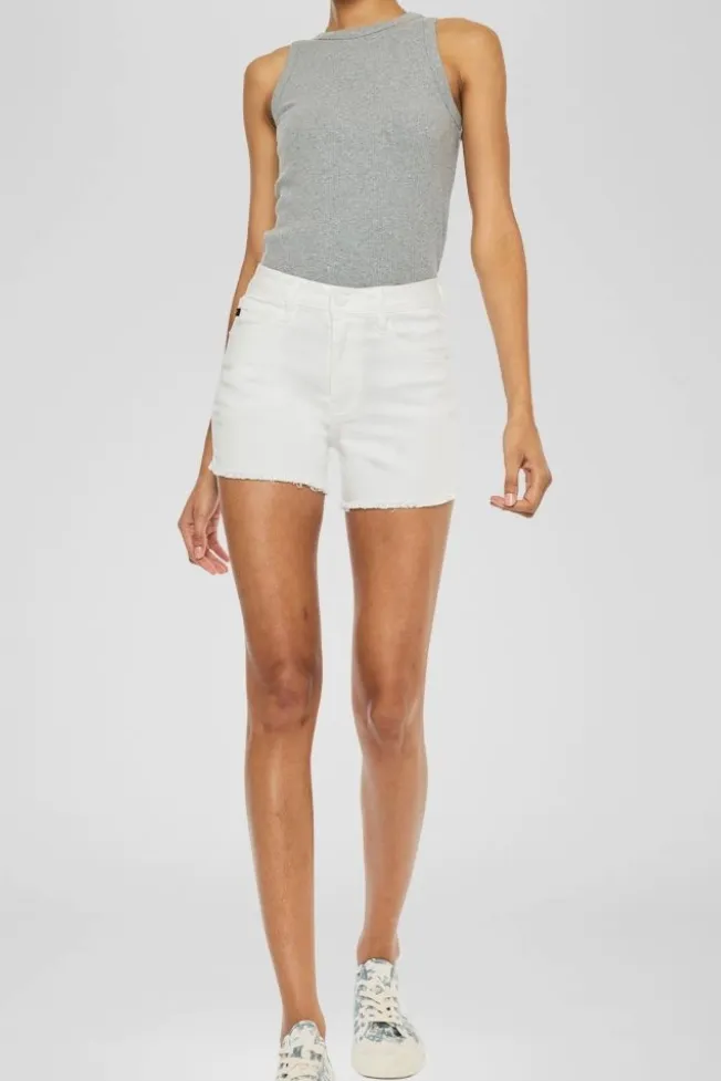 High Rise White Raw Hem Denim Shorts
