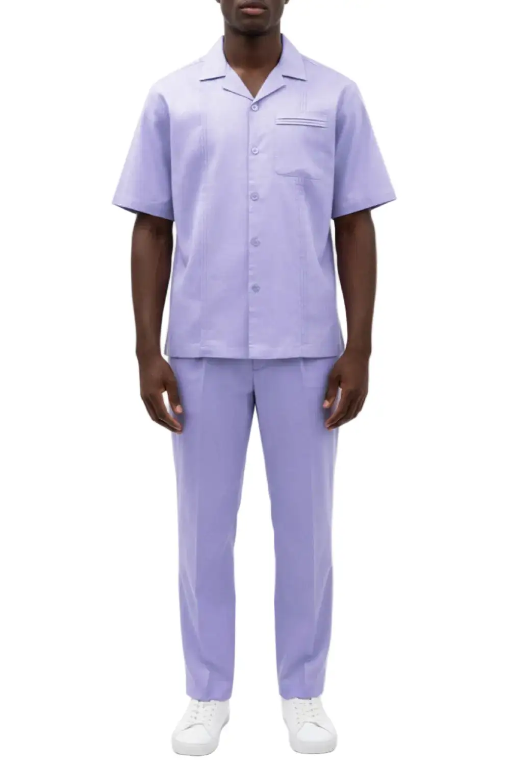 Lavender Relaxed Fit Linen Pleated Short Sleeve Walking Suit Set