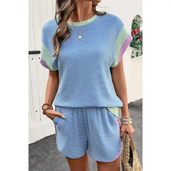 Contrast Round Neck Top and Shorts Set