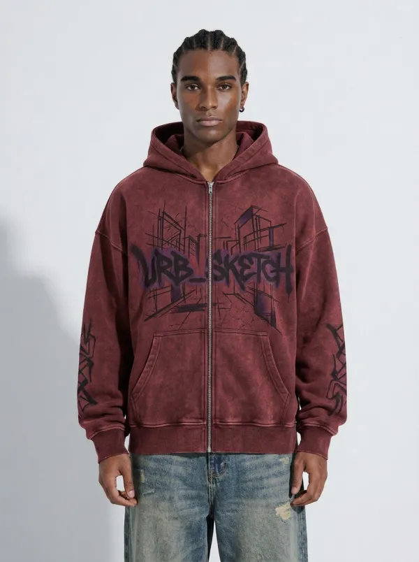 Unisex Streetwear Urb-Sketch Graffiti Printed Zip-up Hoodie