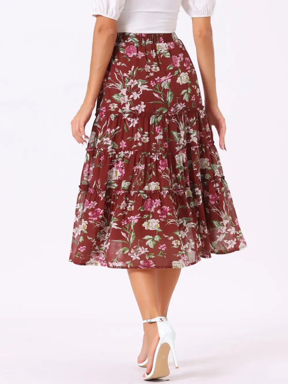 Chiffon Floral-Print Long Tiered Ruffle Boho Midi Skirt