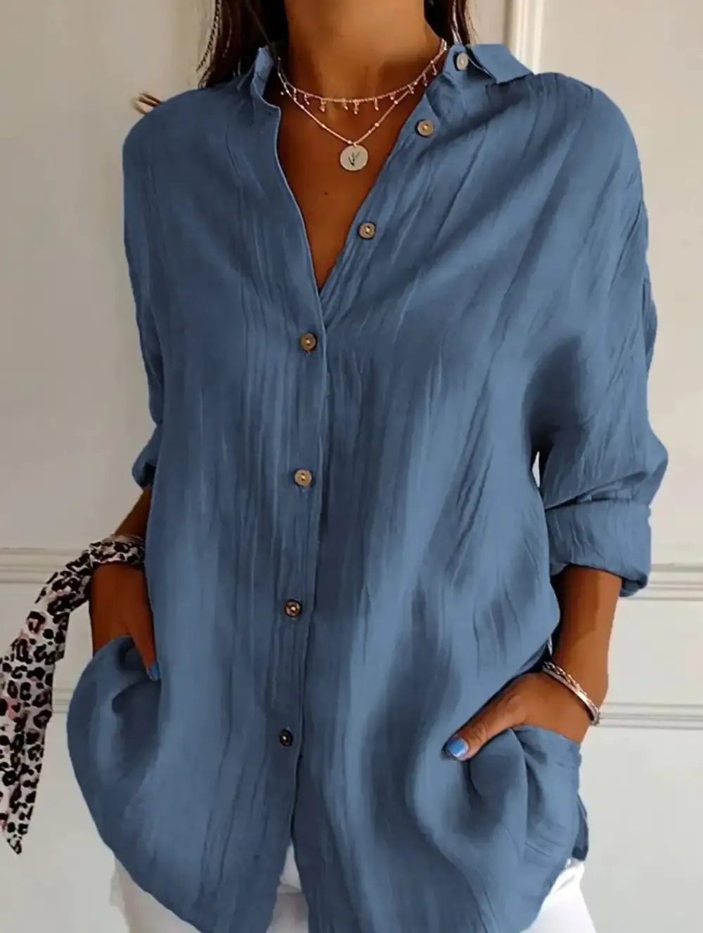 Button Detail Pleated Button-Up Shirt