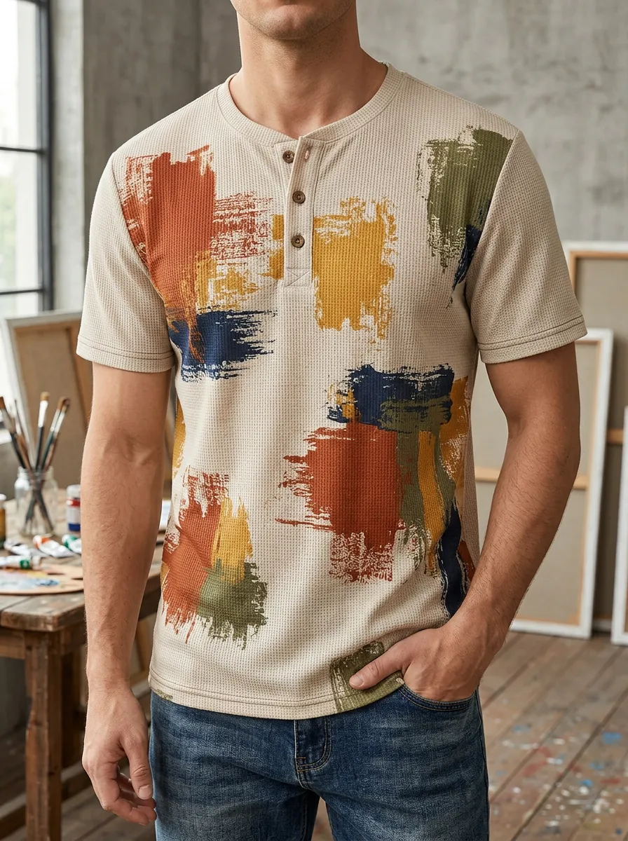 Men's Relaxed Abstract Paint Stroke Waffle Artwork Henley T-Shirt