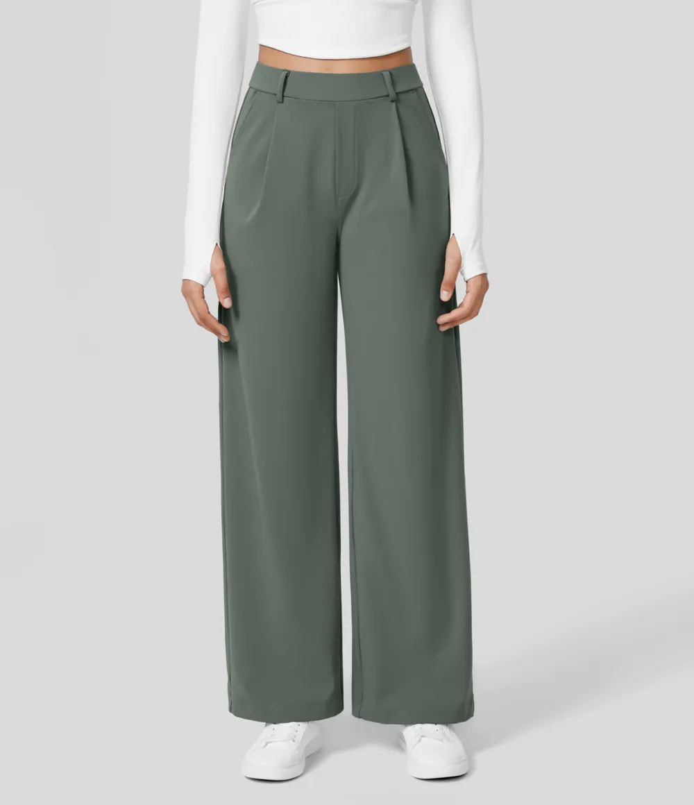 2026🔥  High Waisted Plicated Side Pocket Straight Leg Work Pants