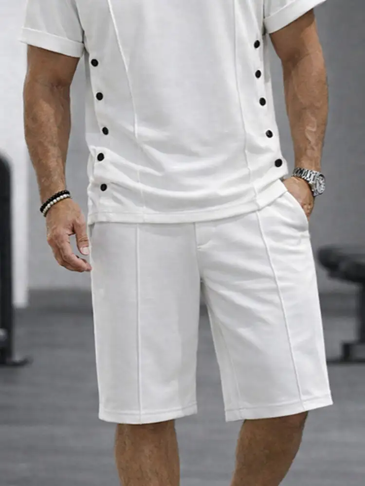 Athleisure Button Detail T-Shirt Shorts Set