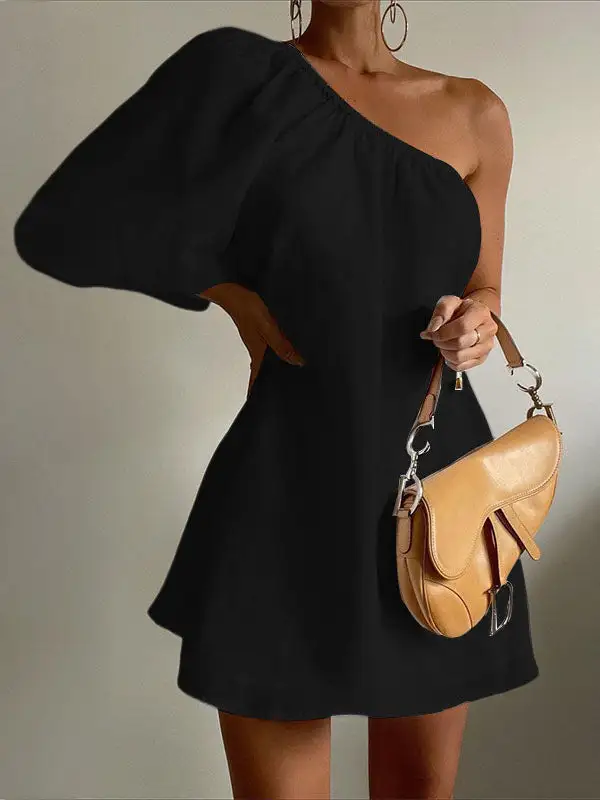 Three Quarter Sleeve Asymmetric Elasticity Solid Color One Shoulder Mini