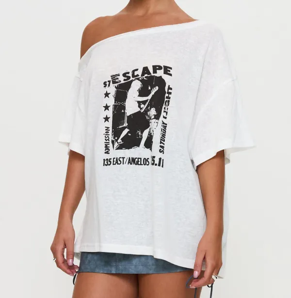 White Off-Shoulder Oversized Graphic Tee
