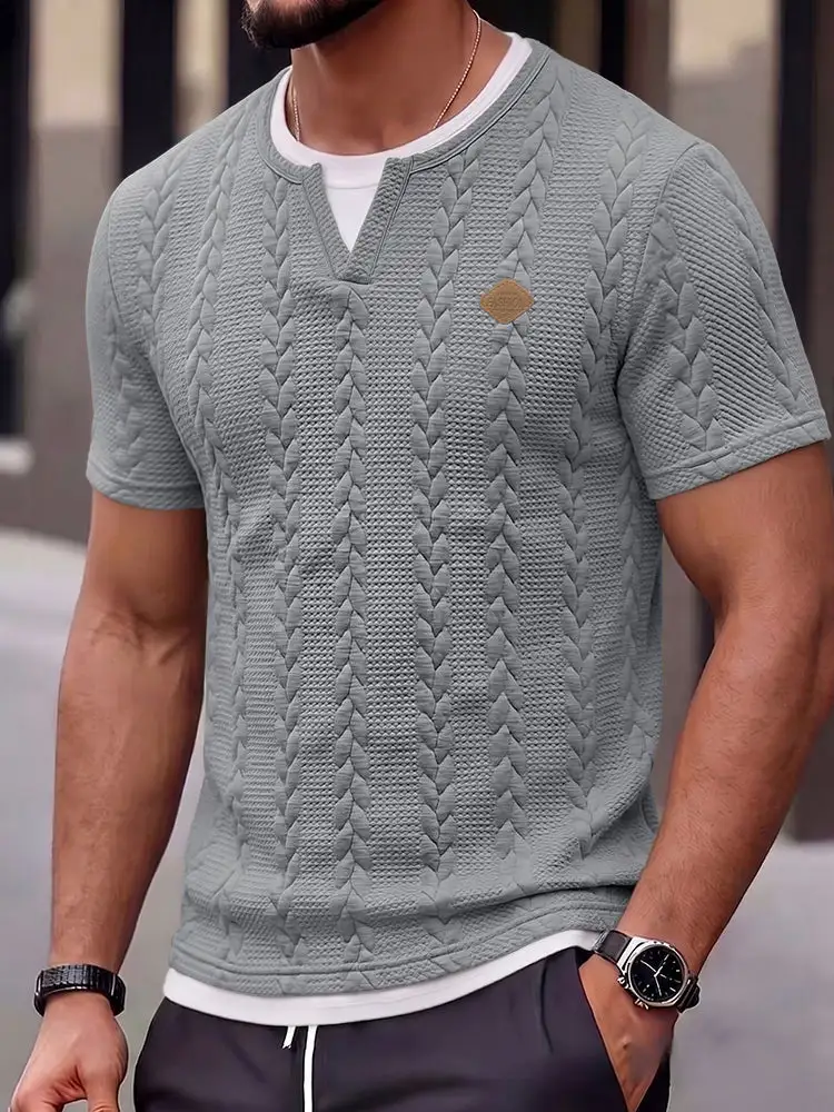 Cable Knit Faux Two-Piece Short Sleeve T-Shirt Two Set