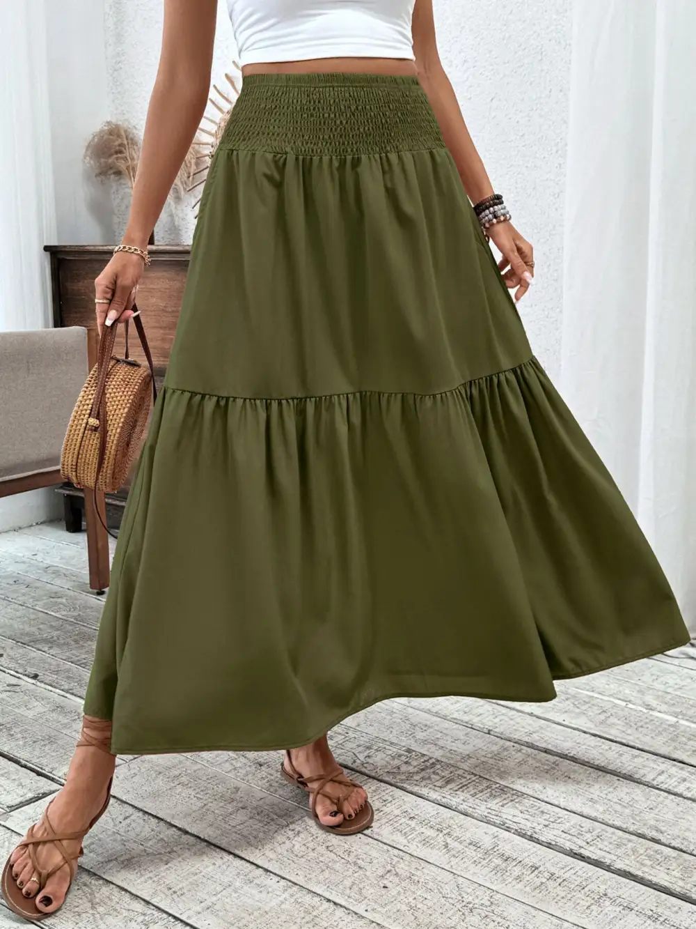Tailored Smocked Ruffle Trim Detail Skirt