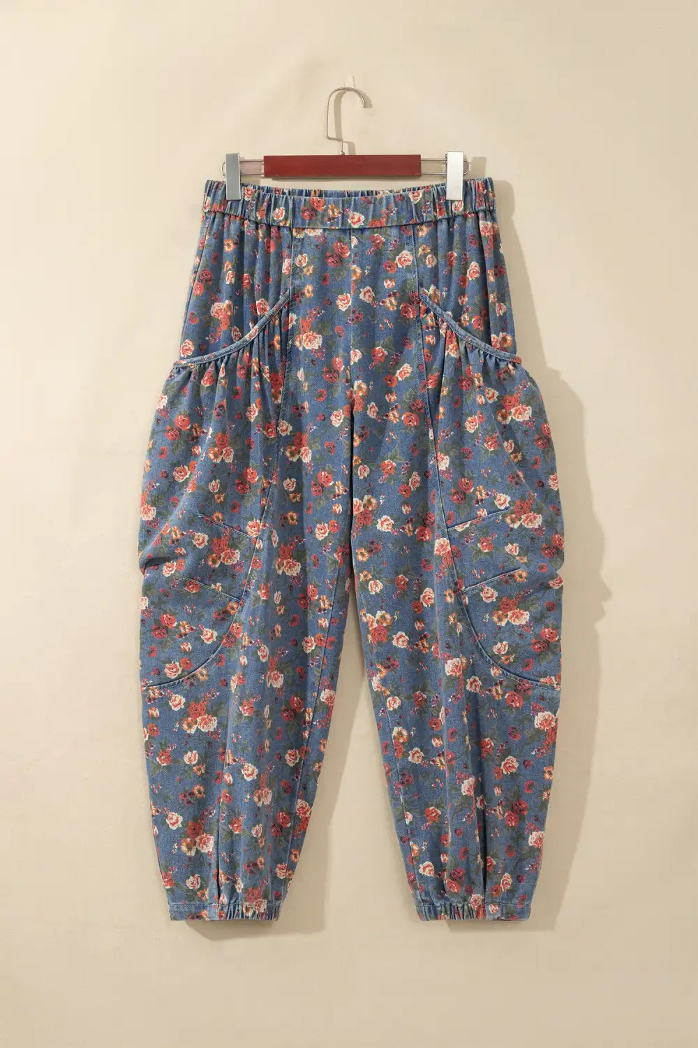 Women's Retro Floral Print Elastic Waist Pocketed Barrel Jeans