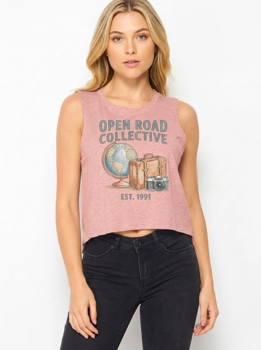 Women's Travel Globe Camera Suitcase Graphic Tank Top