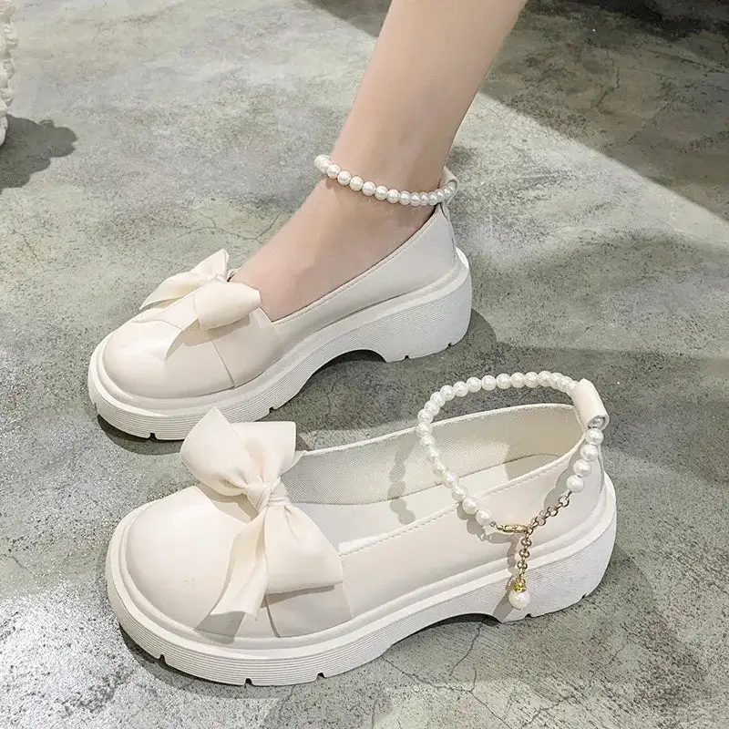Pearl-Detail Chain-Detail Platform Flats