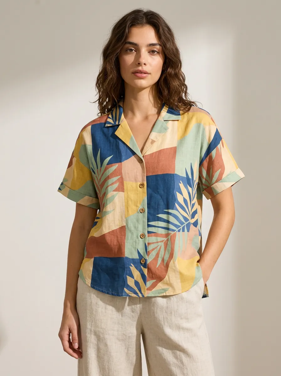 Women's Tropical Vacation Style Geometric Leaf Printed Button-Down Shirt