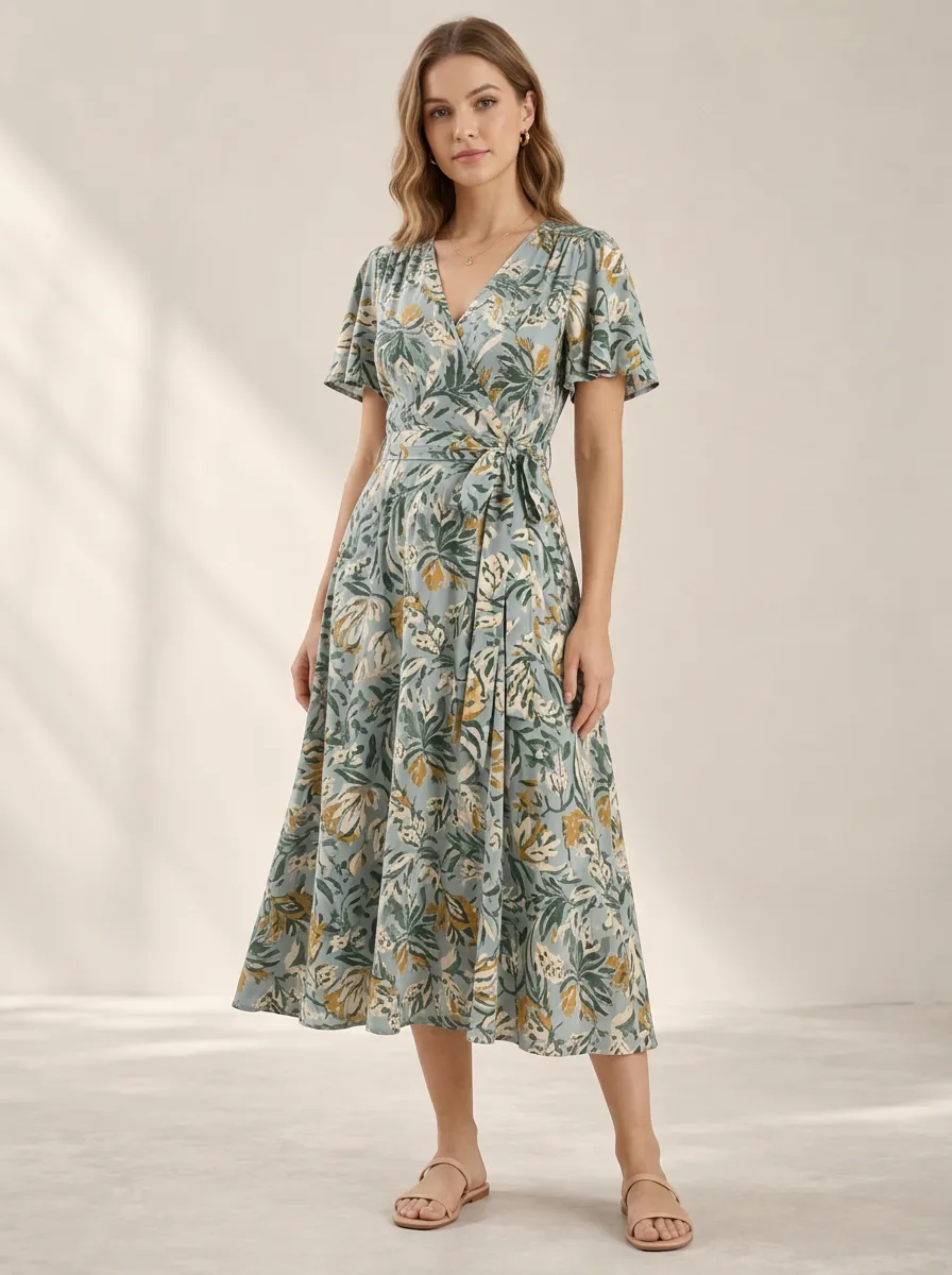 Women's Easy Wear Botanical Leaf Wrap Printed Dress