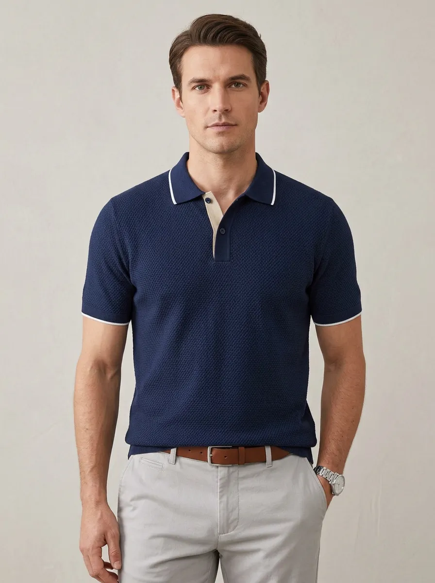 Men's Navy Blue Textured Knit Contrast Trim Polo Shirt